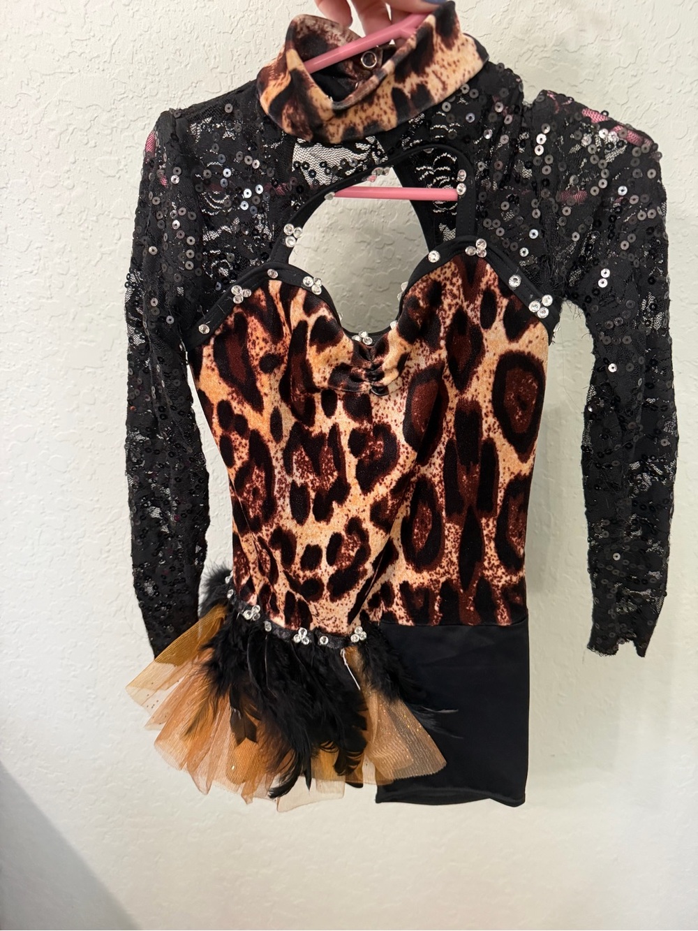 Leopard Sequin Feather Dance Costume - Black & Brown